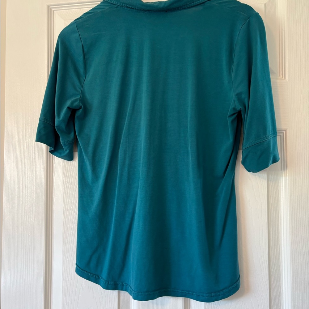 Modern Works Teal Ruched Button-Down Top - Picture 2 of 6